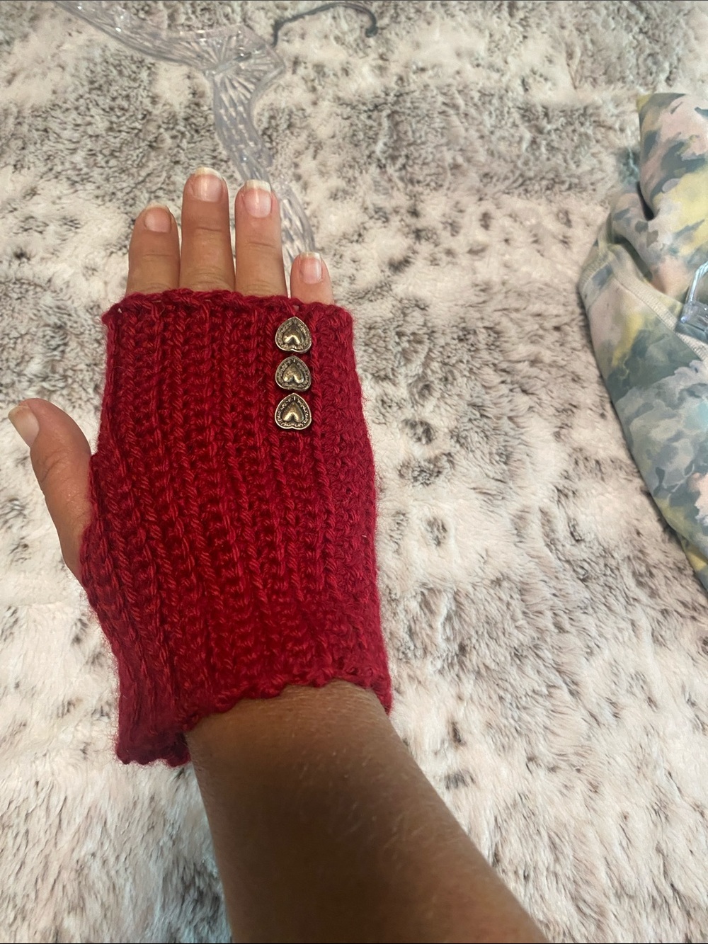 Source Unknown Red Knit Fingerless Gloves with Heart Buttons